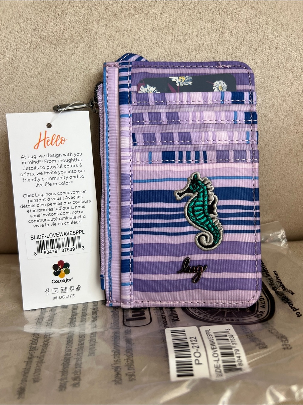 NWT Lug Embroidered Slide RFID Card Wallet in Love Waves Purple
